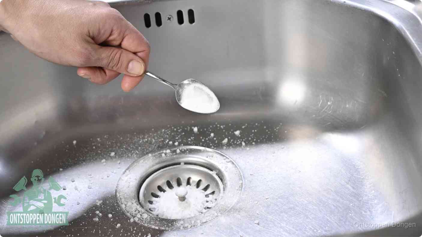 Een hand strooit met een lepel soda in de afvoer van een roestvrijstalen spoelbak, de soda en azijn huismiddel-methode om de afvoer te ontstoppen in Dongen